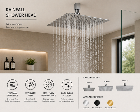 Rainfall Shower Head 8–12 Inch — High Pressure Ceiling Mounted Bathroom Showerhead