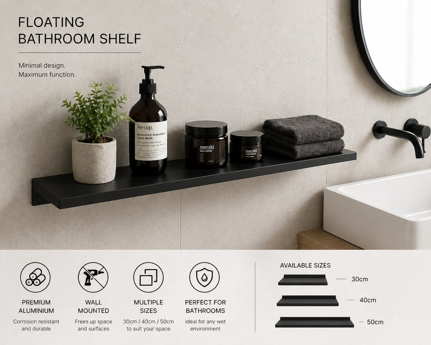 Floating Bathroom Shelf 30–50cm — Wall Mounted Storage Shelf for Modern Bathroom Organisation